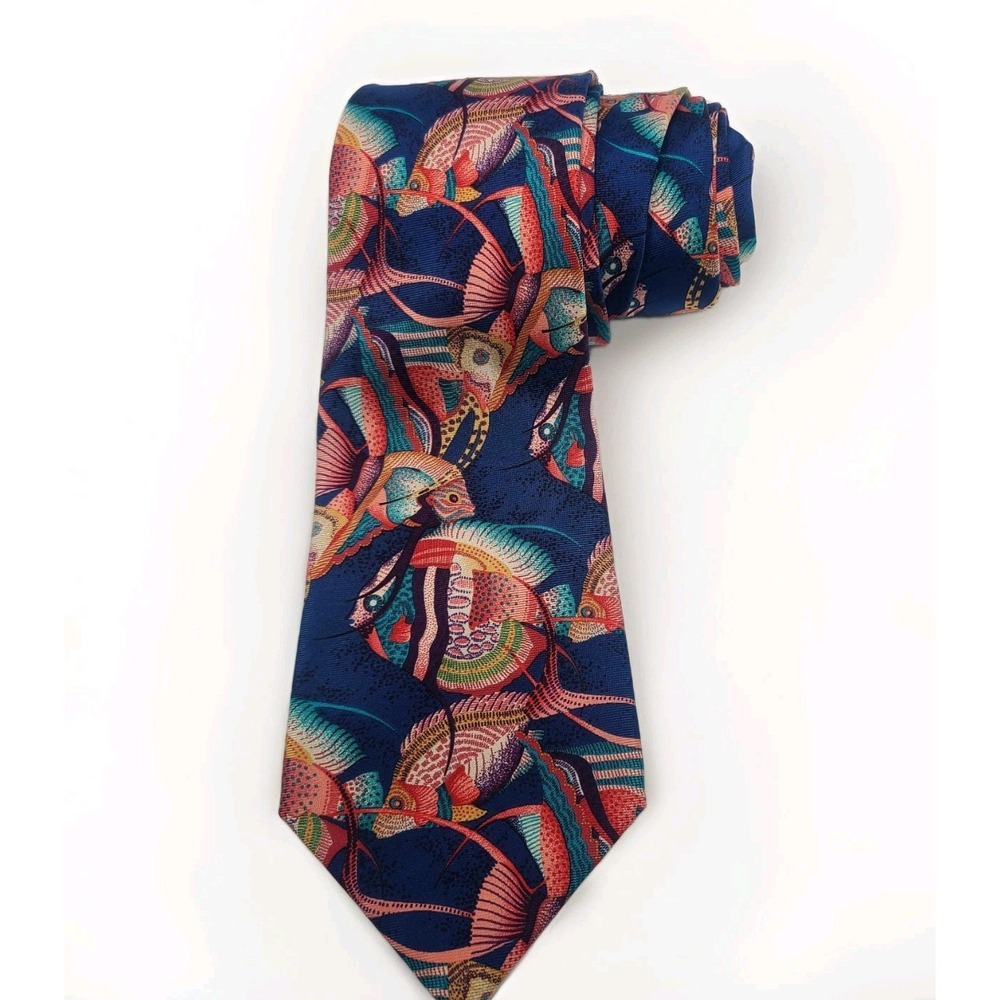 LANVIN Paris Blue Multi Fish Aquaticโ 100% Silk Luxe Neck Tie Workwear Party